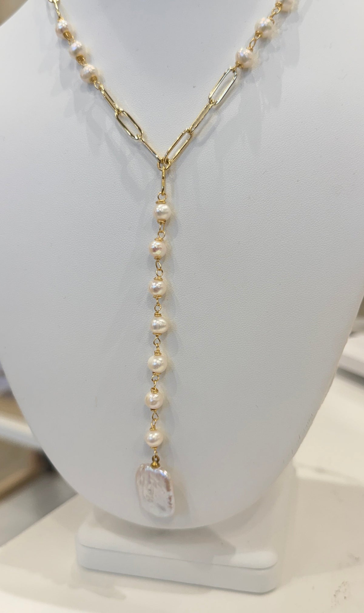 Long Drop Pearl Lariat Necklace