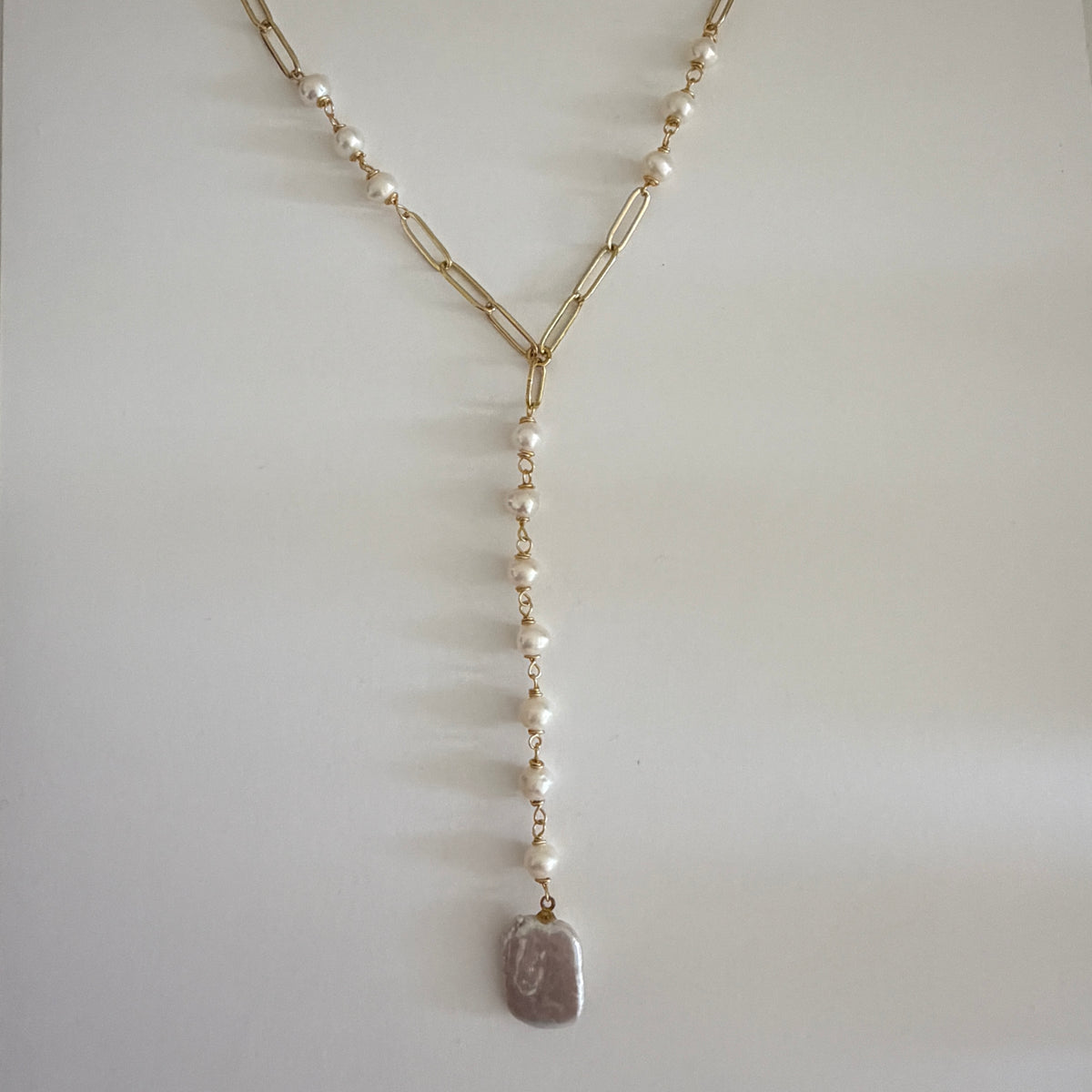 Long Drop Pearl Lariat Necklace