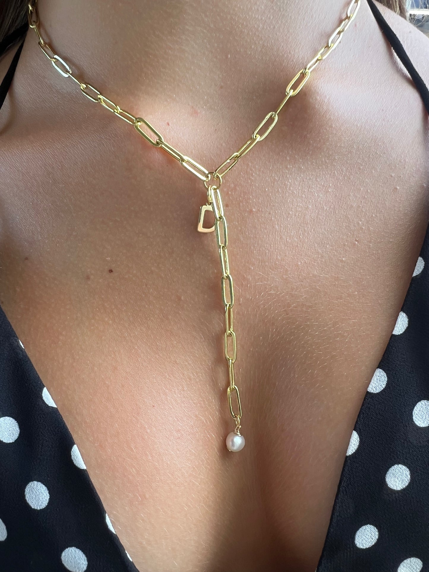 Lariat Paperclip Chain with Small Initial Letter Dangled
